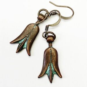 Adorable Flower Earrings in Antique Brass, Cooper and Teal Patina